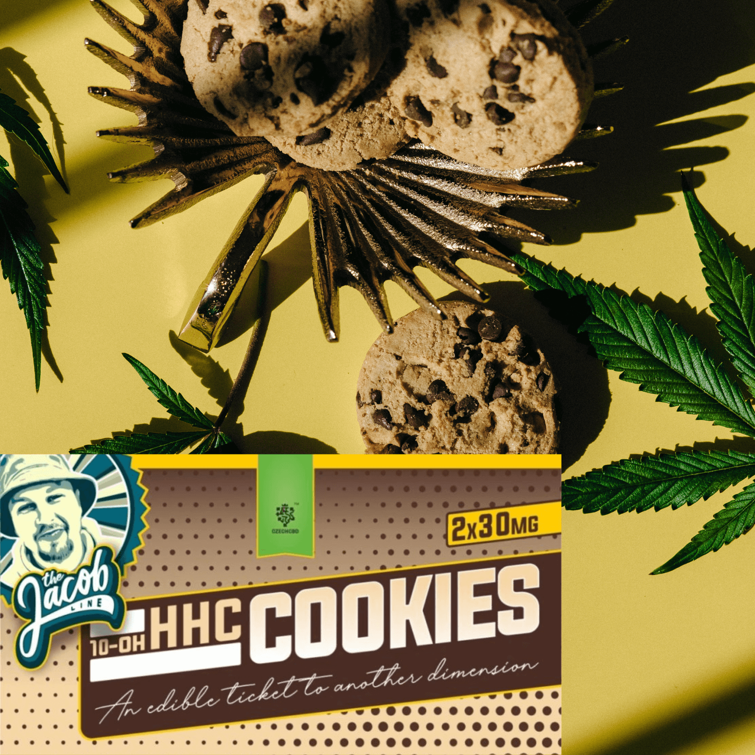 Delicious 10-OH-HHC chocolate chip cookies on a vibrant yellow background with cannabis leaves.